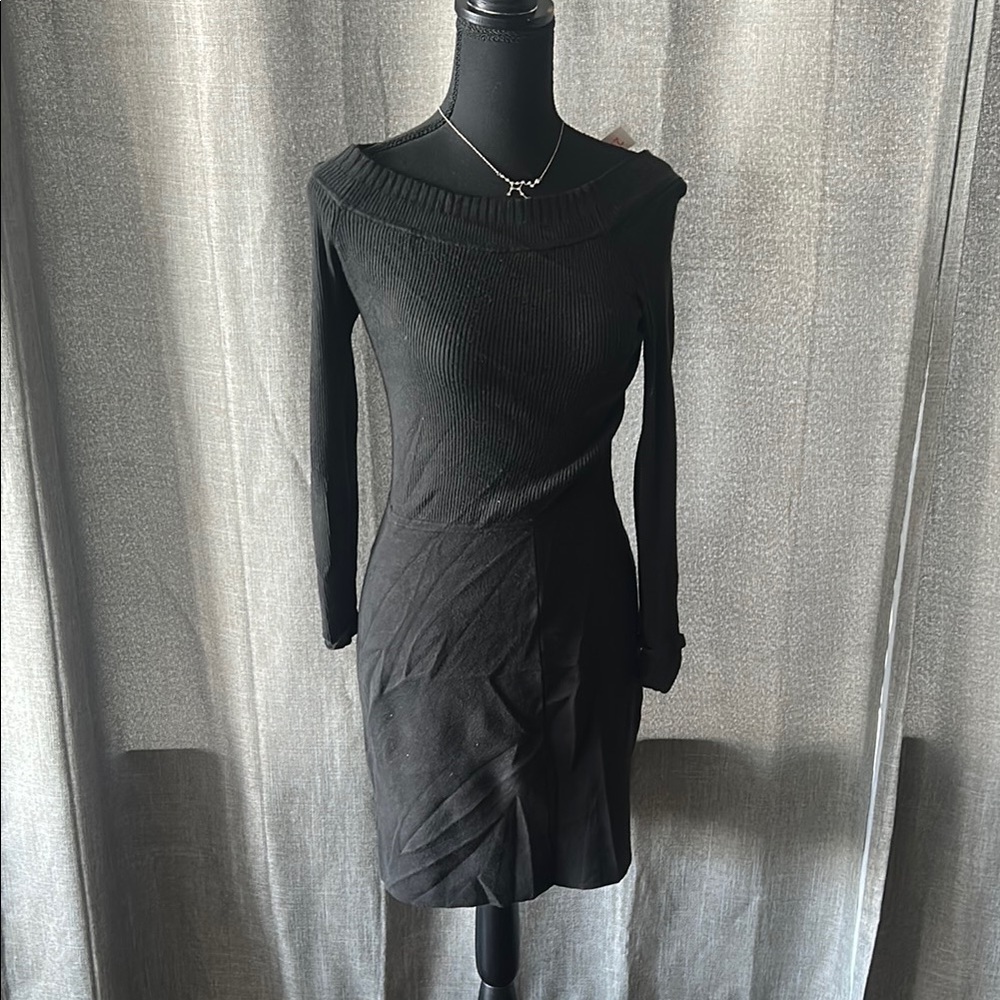 White House Black Market Black Asymmetrical Long Sleeve Sheath Dress